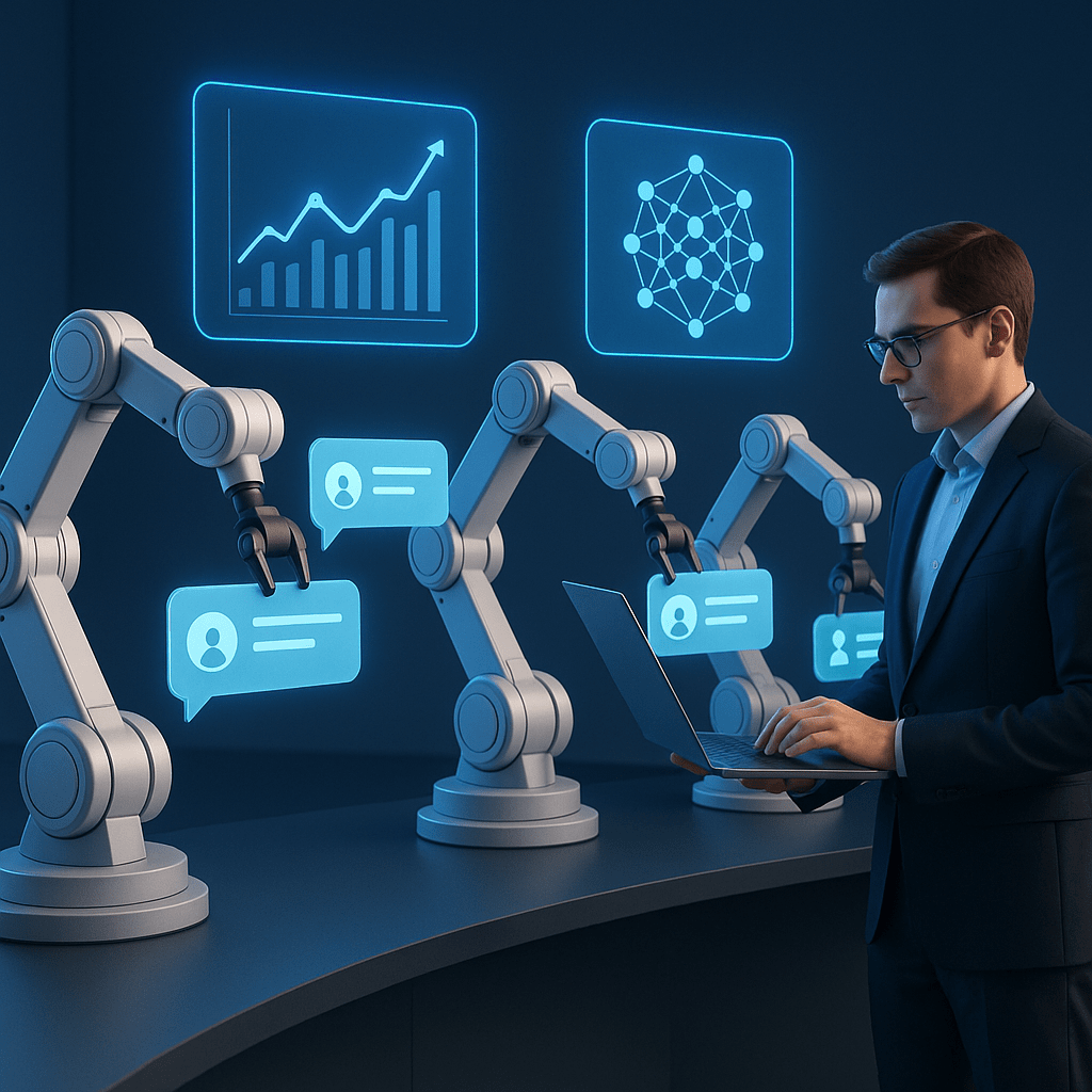 A futuristic, stylized concept art of AI-powered automation in customer engagement: robotic arms sending personalized messages, predictive data graphs floating in the air, and machine learning neural networks symbolizing smart customer interactions with a business professional monitoring results.