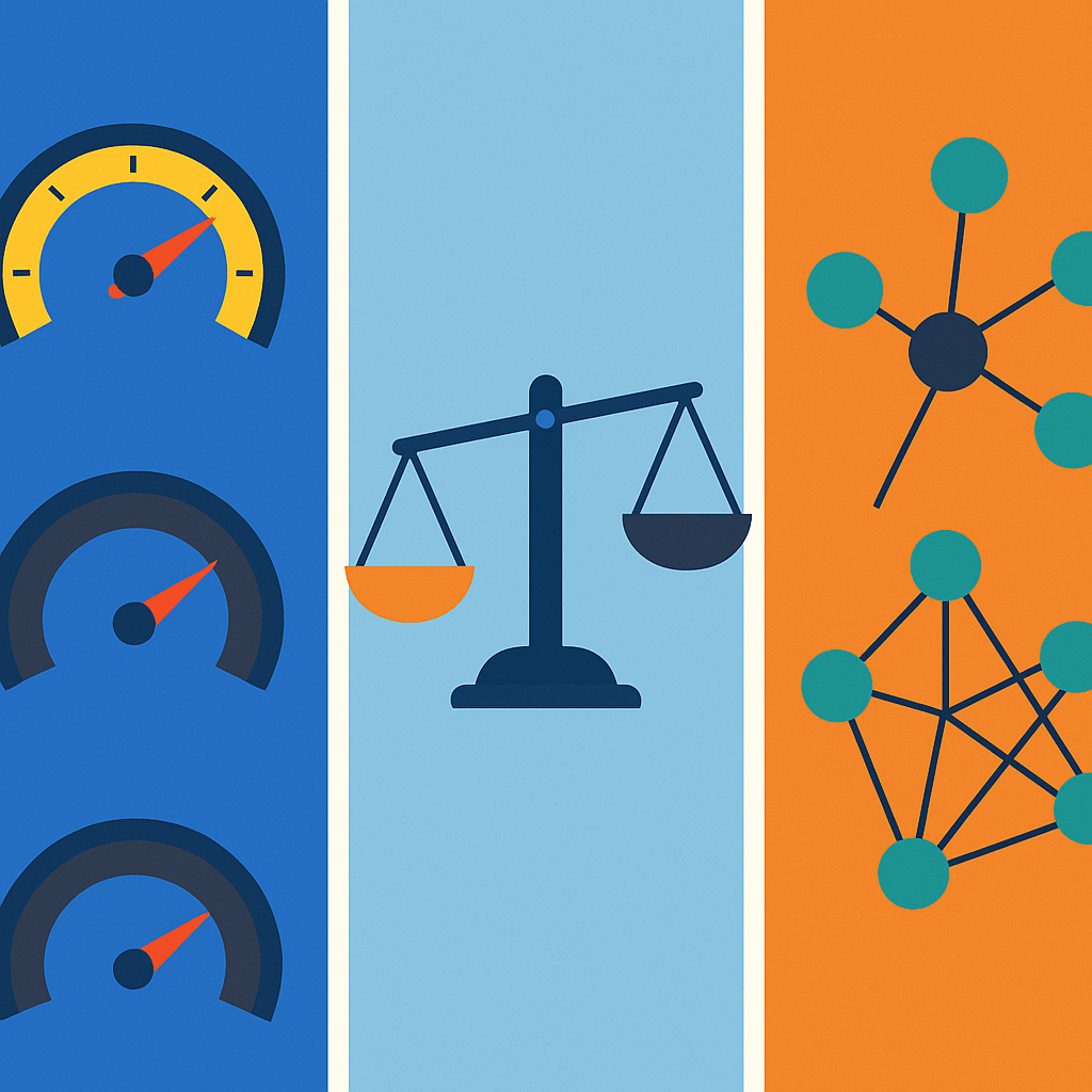 Comparative infographic illustration depicting Neo4j AuraDB and competing graph database platforms showing advantages in scalability, ease of use, and enterprise readiness using symbolic visuals like speedometers and connected nodes.