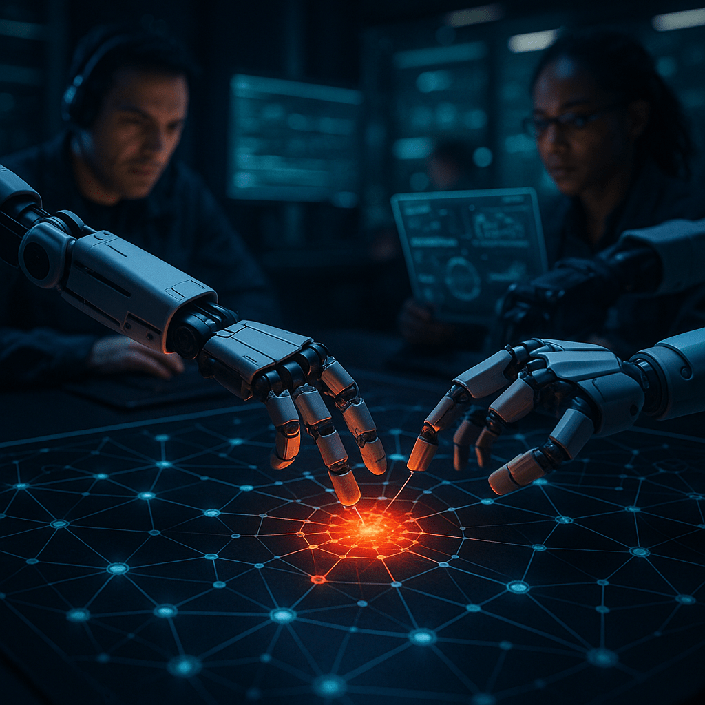 Dynamic scene of cyber incident response: robotic hands rapidly isolating a glowing infected digital node on a complex network map, while human cybersecurity experts analyze forensic data on holographic displays in cinematic 3D style evoking urgency and precision