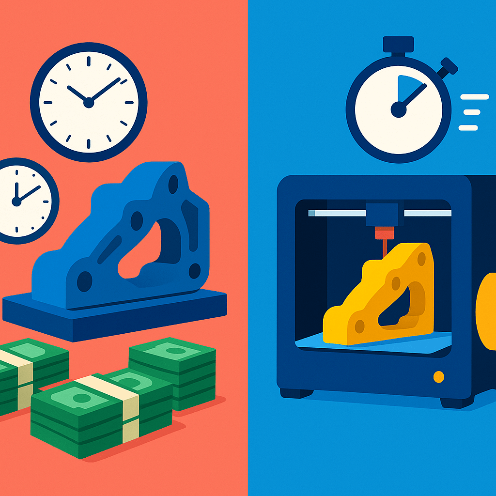 A conceptual split-view illustration showing the cost and time savings using Stratasys FDM 3D printing versus traditional prototyping. The left side illustrates a slow, expensive traditional prototyping process with clocks and stacks of money, the right side shows a fast, efficient Stratasys 3D printing process with fewer materials wasted and accelerated production timeline symbols.