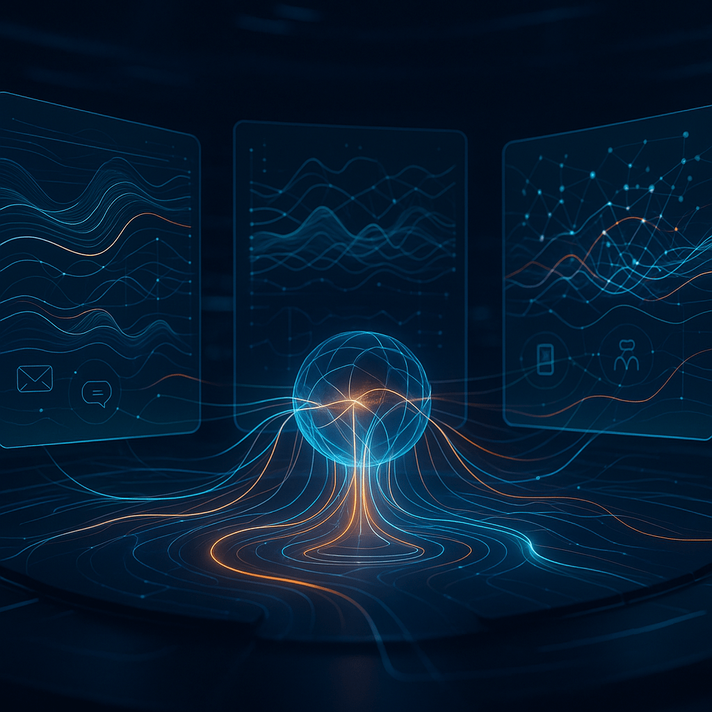 Futuristic digital command center with glowing core orb representing unified customer data and AI-driven predictive analytics showcasing omnichannel engagement for scalable customer solutions.