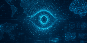 Futuristic cybersecurity center with a glowing iris hologram displaying real-time threat detection and machine learning for internet intelligence.
