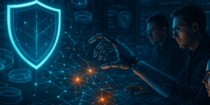 Futuristic cybersecurity command center showcasing Field Effect MDR’s AI-powered threat detection and rapid, unified response with human and robotic experts.