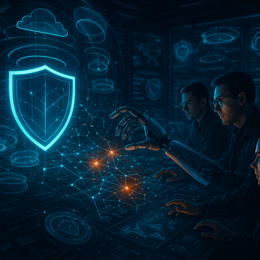 Futuristic cybersecurity command center showcasing Field Effect MDR’s AI-powered threat detection and rapid, unified response with human and robotic experts.