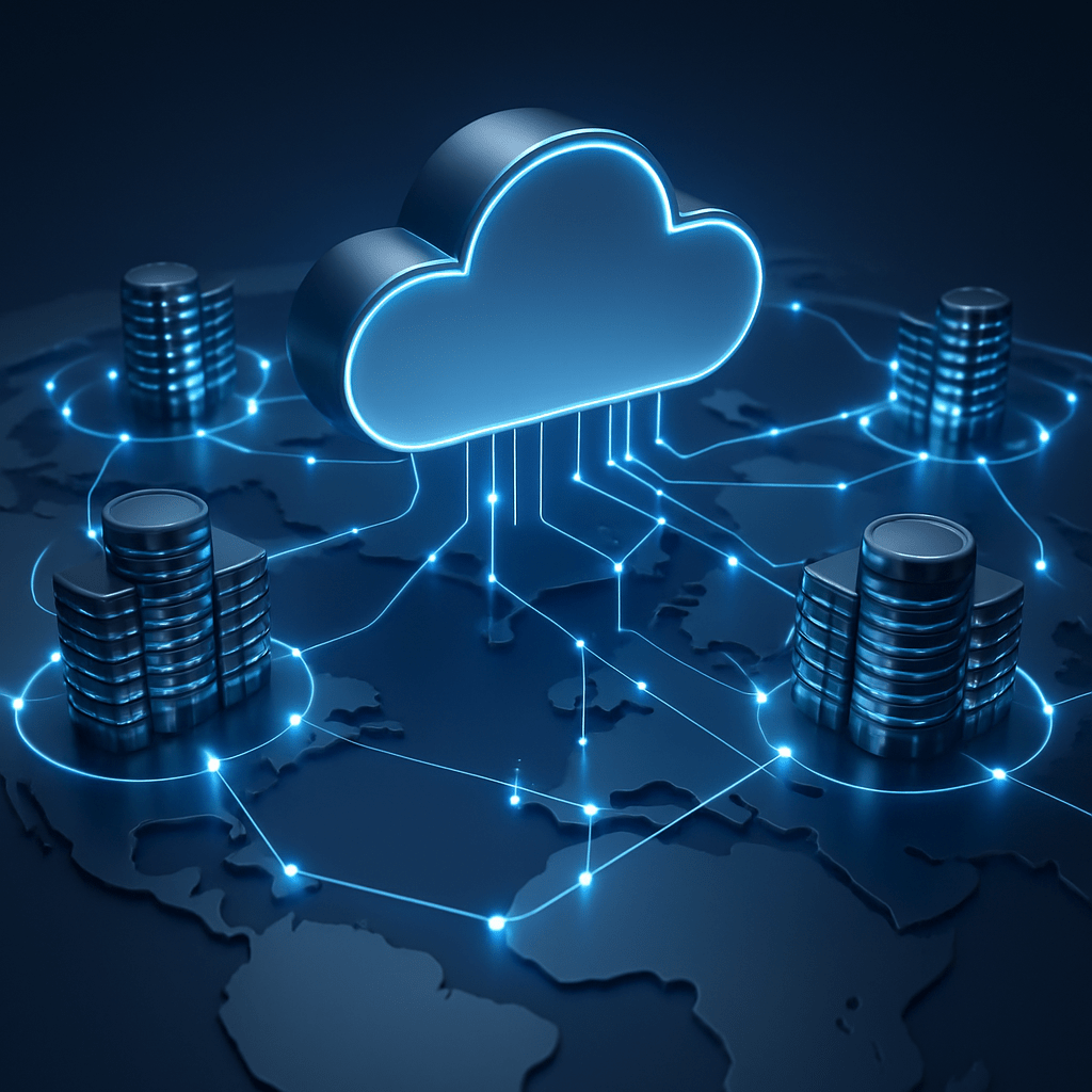 Futuristic 3D render of a cloud database architecture with interconnected data centers and glowing data pathways representing multi-zone availability, redundancy, and scalability in a sleek blue and silver palette.