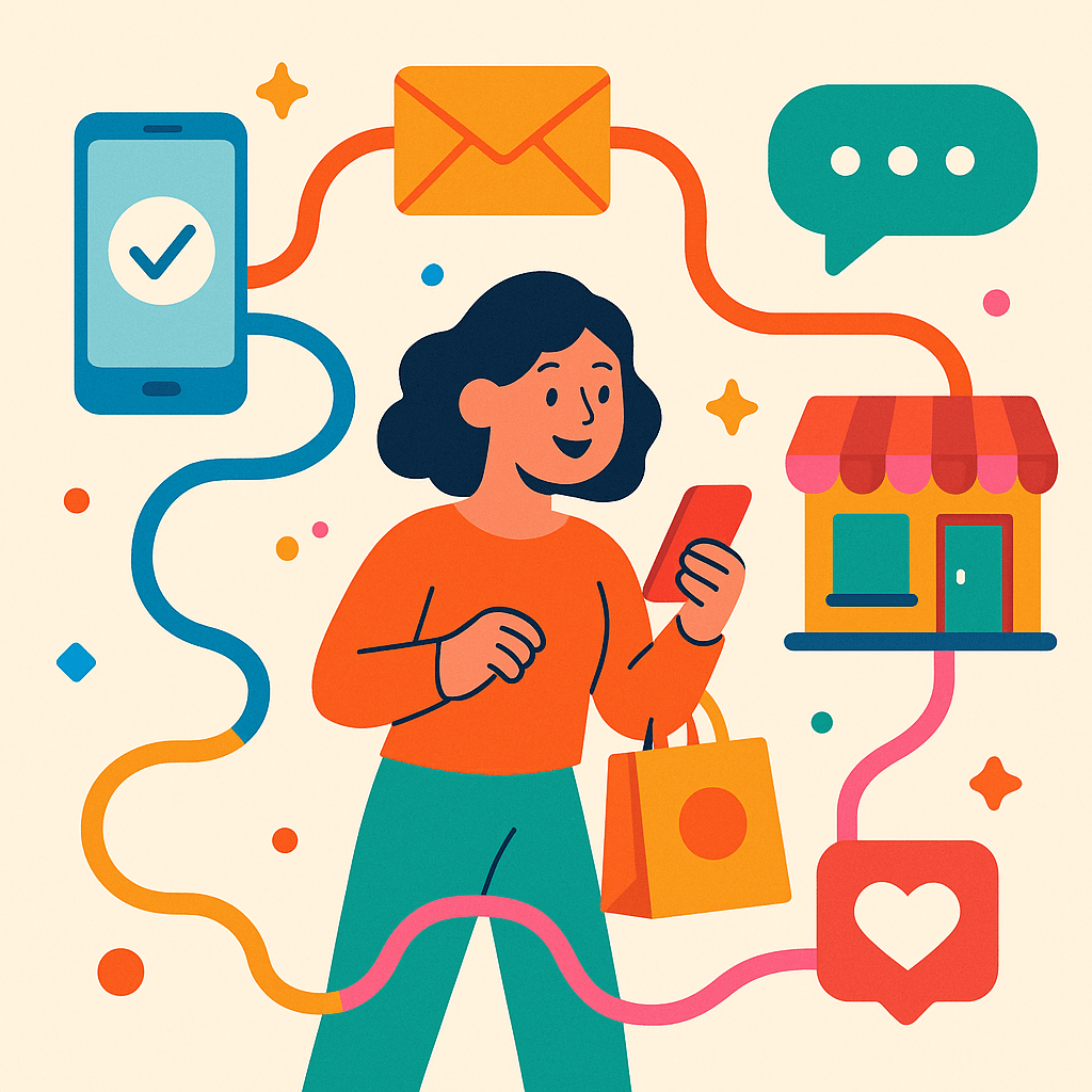 An engaging, dynamic illustration depicting a customer journey map connected across multiple channels—mobile, email, chat, social media, and in-store—represented with colorful icons and flowing lines showing seamless omnichannel communication and contextual personalization.