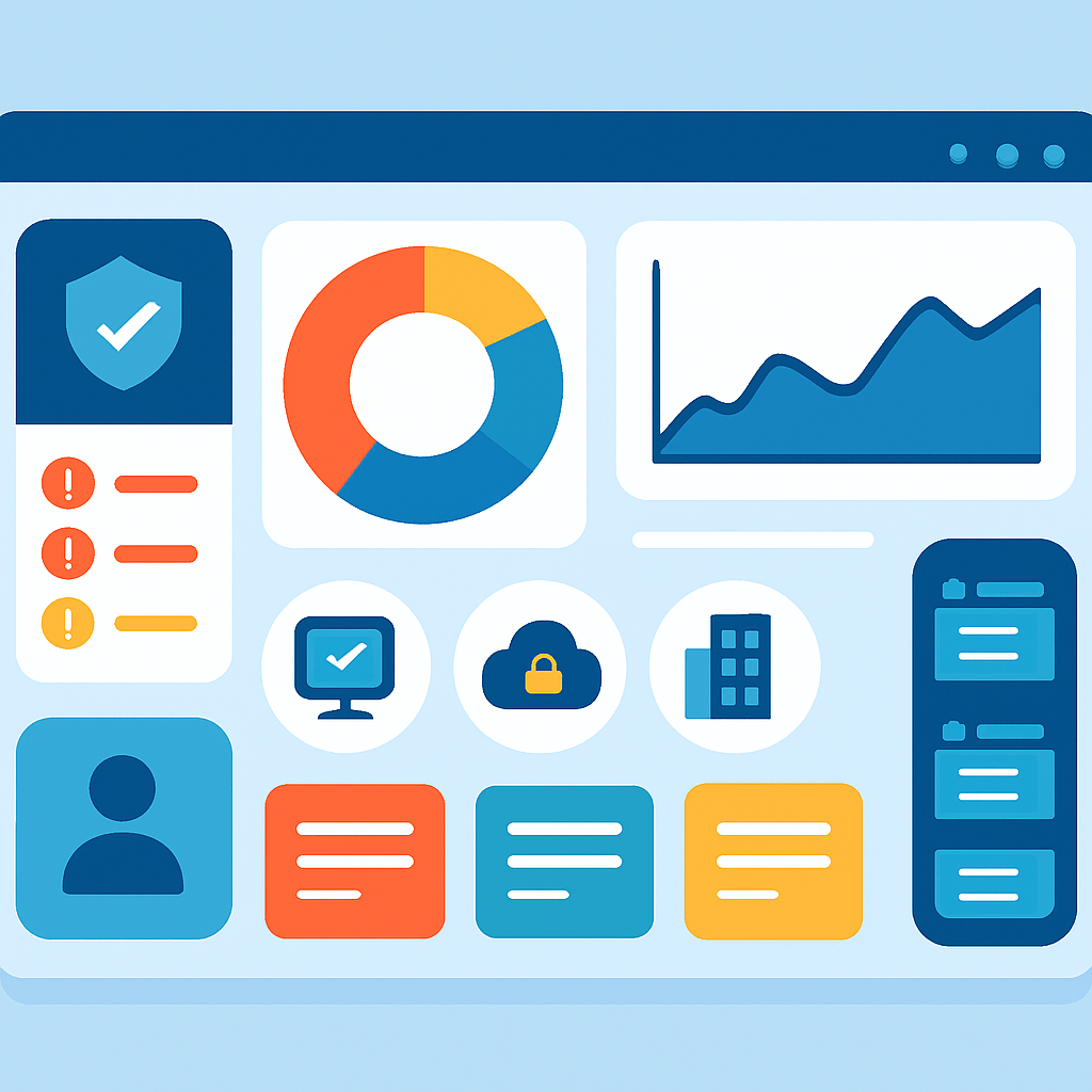 Infographic showing a clean, single unified cybersecurity dashboard displaying comprehensive threat data across endpoint, network, and cloud environments, highlighting simplified alert management and multi-site control panels in modern flat design style