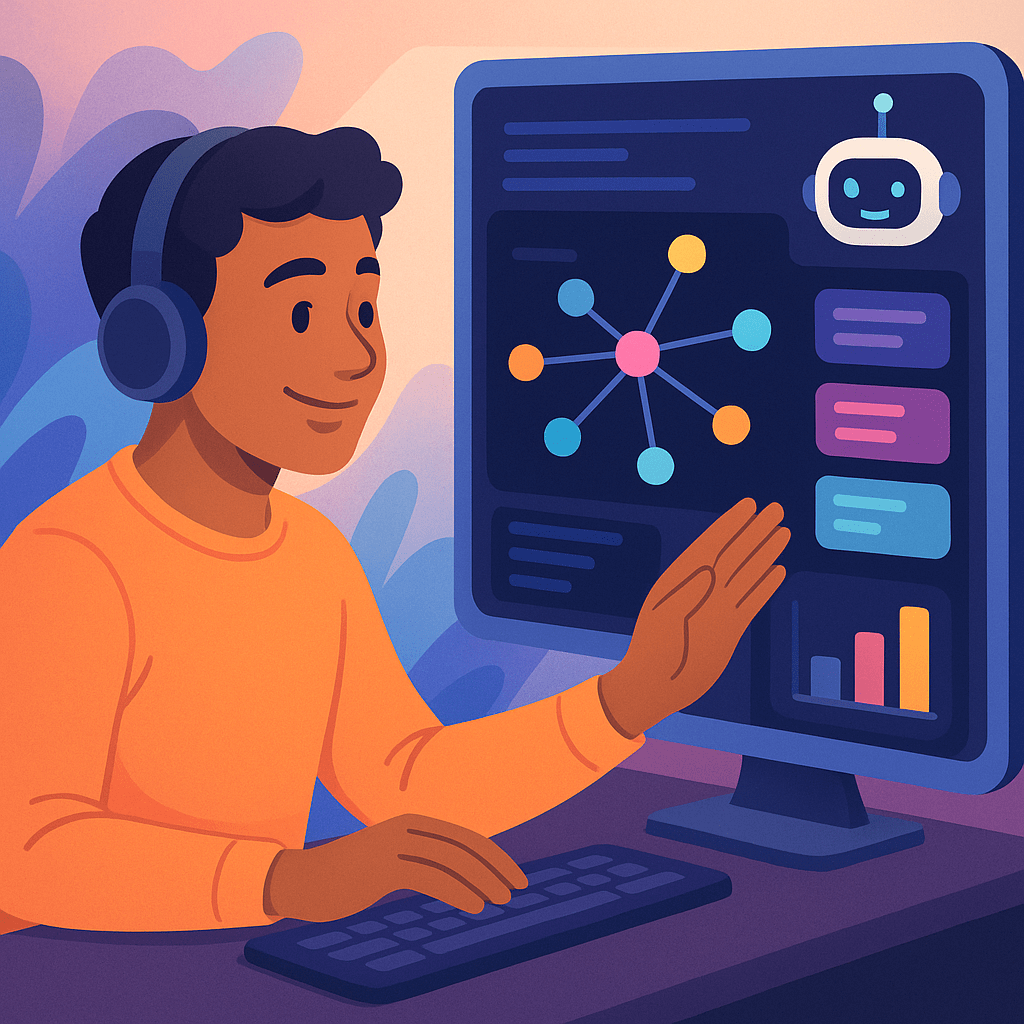 Illustration of a developer using a futuristic AI-assisted console interface with intuitive visualizations and automated suggestions, symbolizing ease of use and user-friendly management of complex graph data.