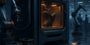 Cutting-edge Stratasys FDM 3D printer manufacturing complex aerospace polymer parts with robotic automation and diverse thermoplastic filaments in a high-tech industrial setting.