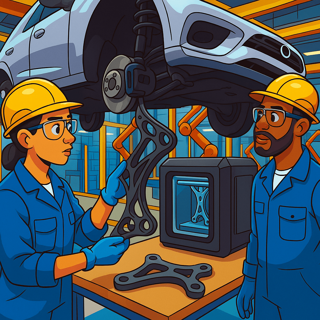 A dynamic factory floor scene showing an automotive manufacturing line where Stratasys FDM 3D printed high-strength polymer parts replace traditional metal components. Workers monitor production while the 3D printer operates in the background.