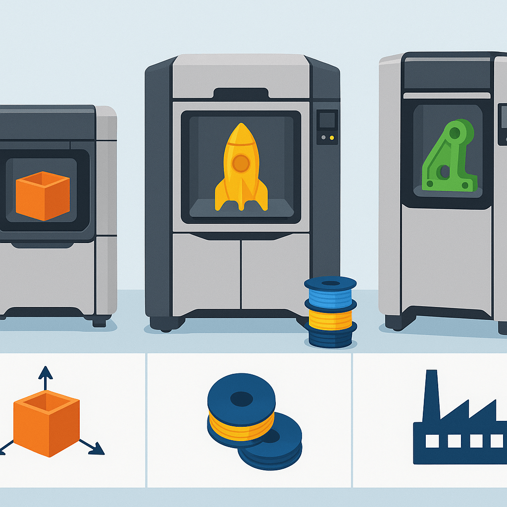 A comparative infographic style illustration showing three Stratasys FDM 3D printer models: F170, F900, and F123 series, each represented by their printers with key specifications visually highlighted such as build volume size, material versatility, and industrial applications.