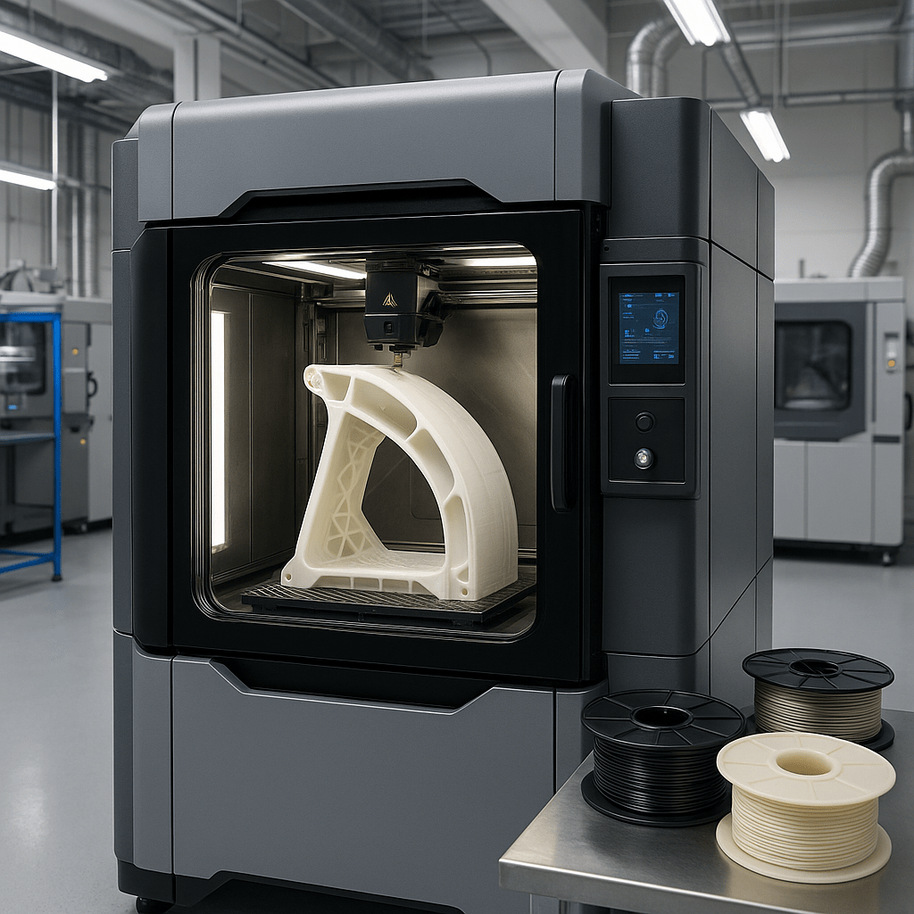 A high-tech industrial 3D printing lab featuring a Stratasys FDM 3D printer in action, printing a complex aerospace component inside a heated build chamber. The scene includes detailed machinery and various engineering-grade thermoplastic spools nearby.