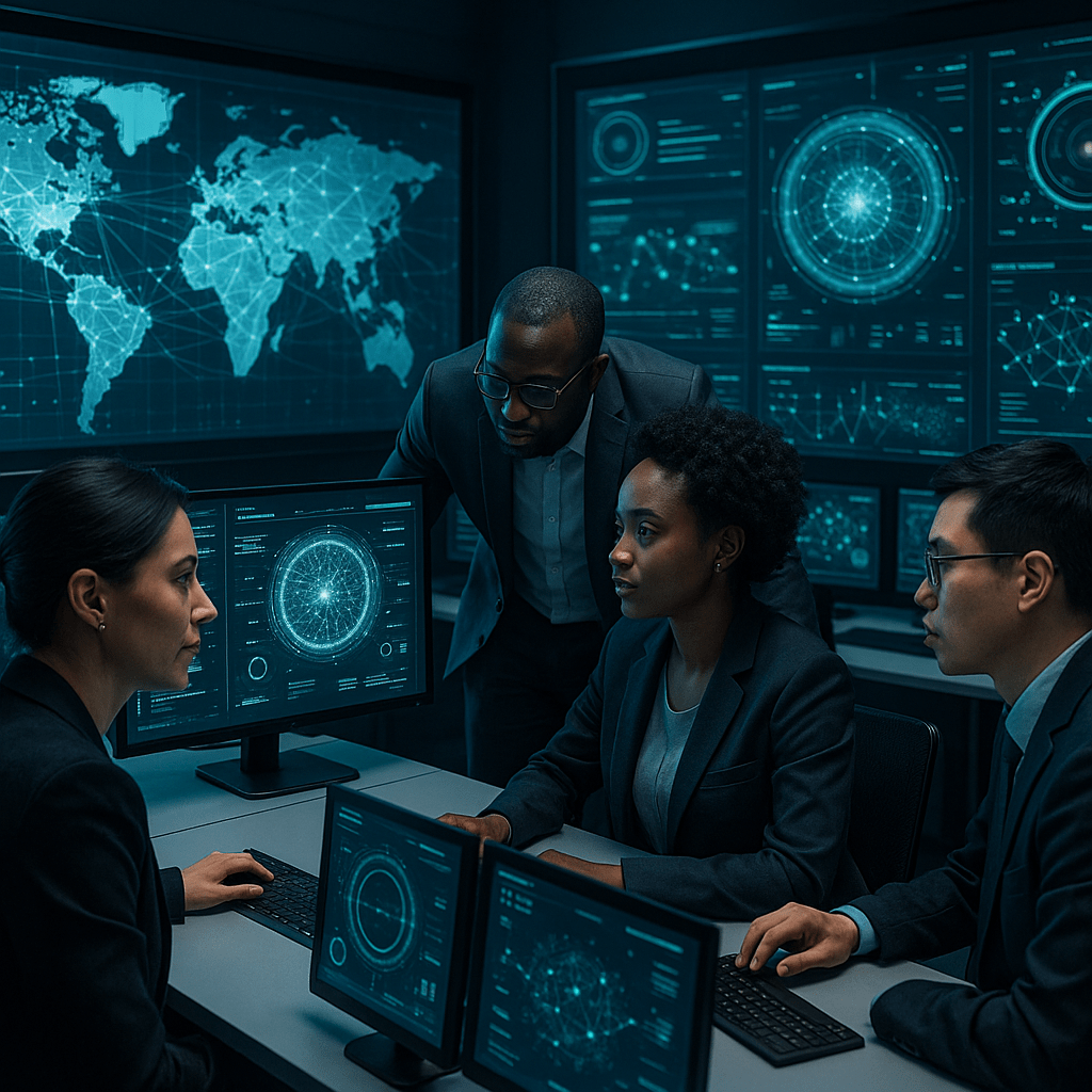 Futuristic cybersecurity control room showing a diverse team of experts monitoring multiple digital screens filled with network maps, threat analytics, and real-time alerts, blending advanced AI interfaces with human operators collaboratively analyzing data in a high-tech ambiance