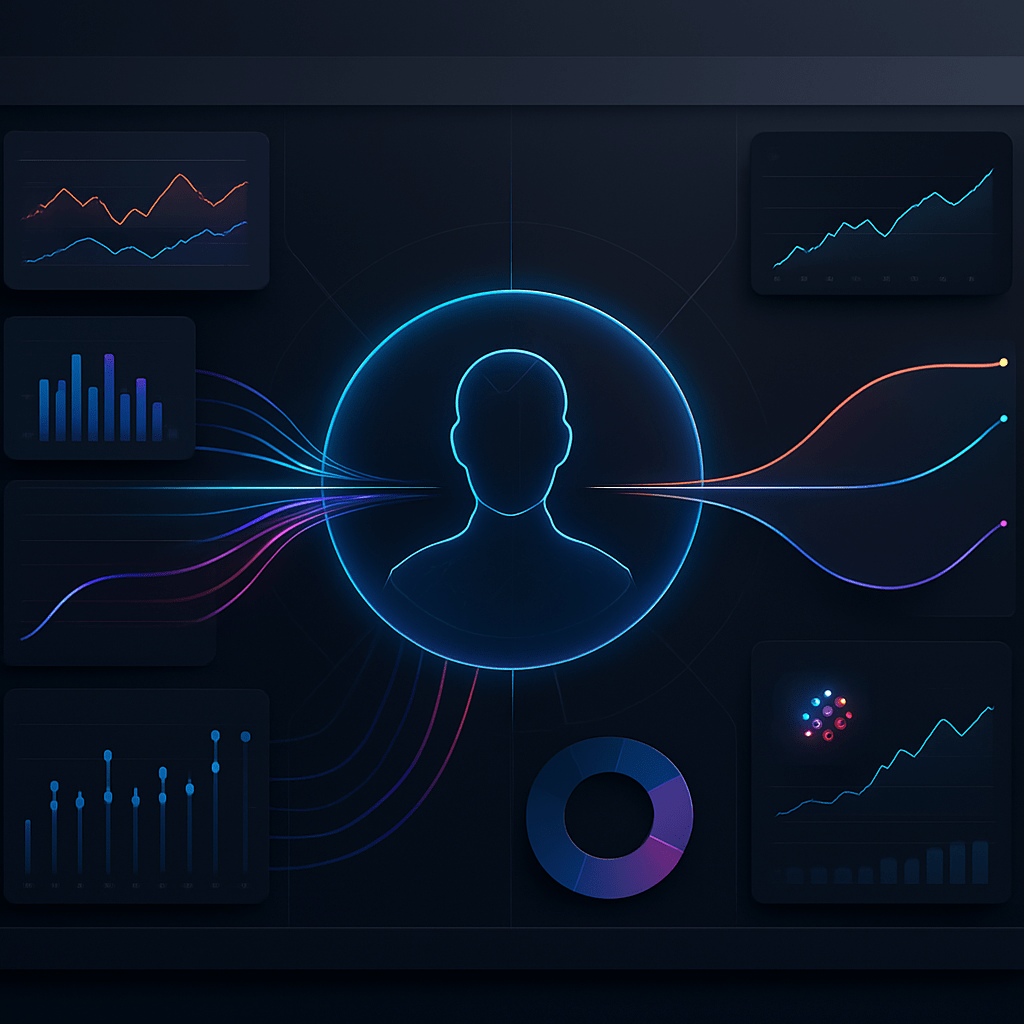 A sleek, modern dashboard interface illustrating a unified customer engagement platform with vibrant data streams converging into a single 360-degree customer profile, showing real-time analytics and predictive AI insights.