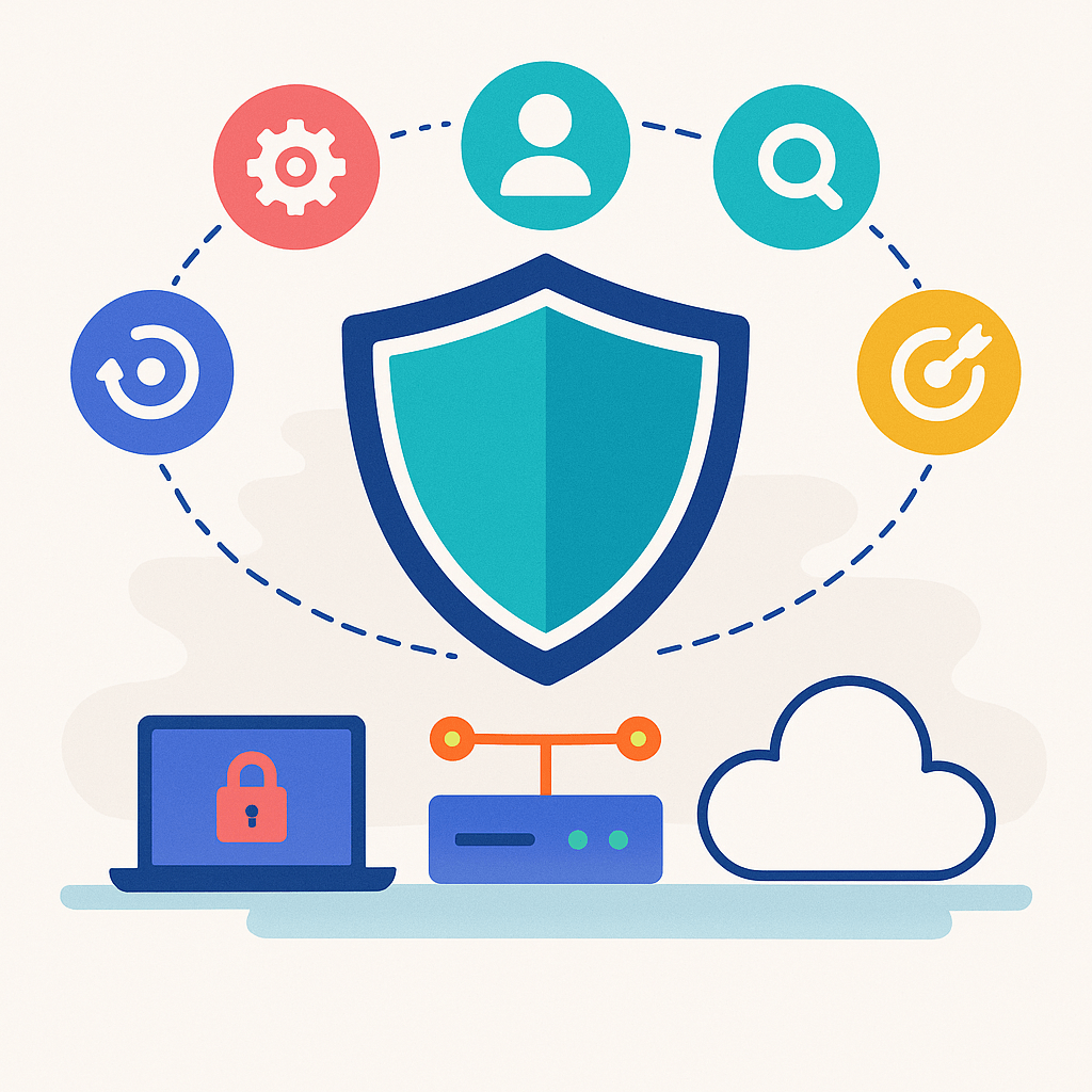 Illustrative diagram showing multiple layers of cybersecurity protection: endpoint, network, and cloud interconnected and protected by a shield labeled as a unified platform, orbiting icons representing machine learning, human experts, automated response, and threat hunting