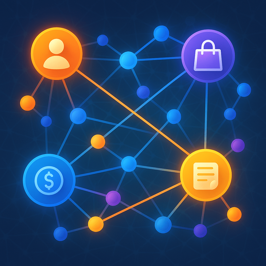 Stylized illustration of a connected graph database diagram showing glowing nodes and edges representing entities such as people, products, and transactions in a modern, clean style emphasizing connectivity and complexity made intuitive.