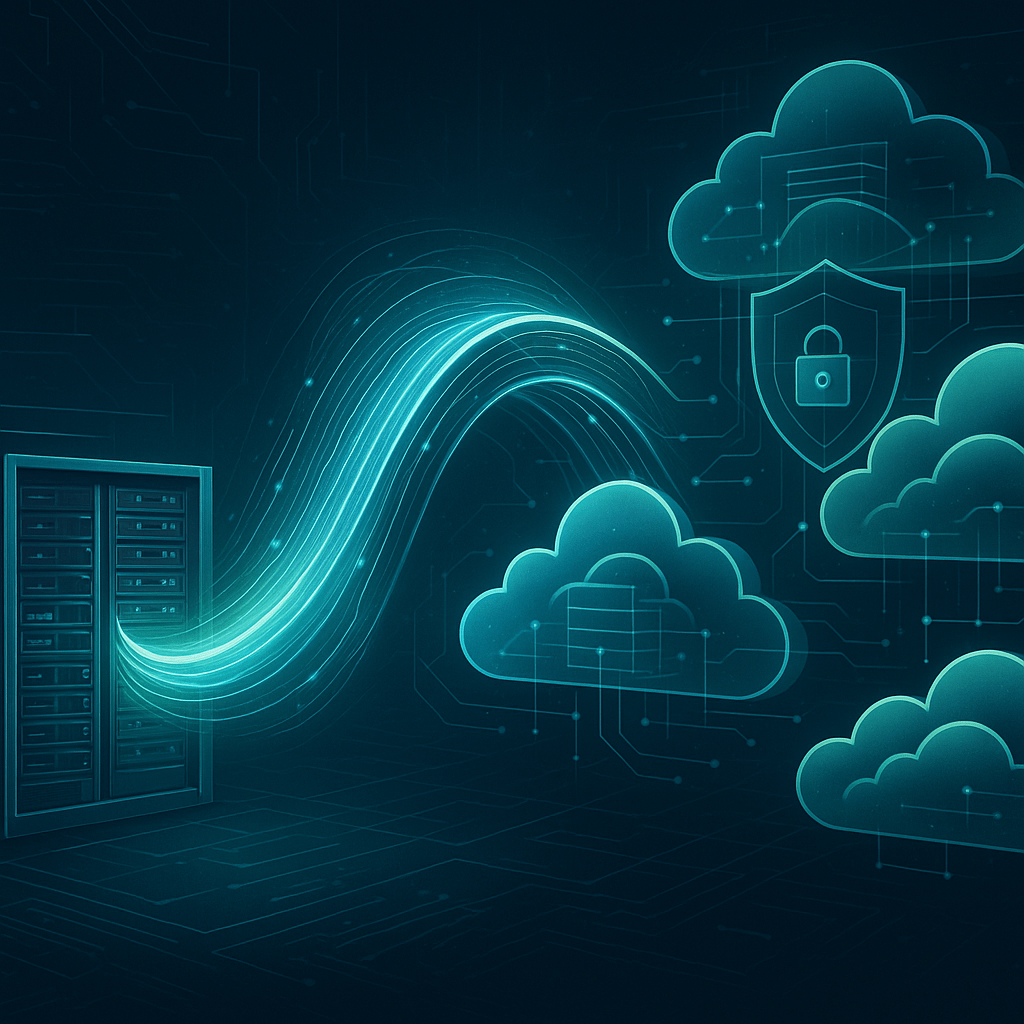 Futuristic hybrid cloud migration connecting on-premises data center to public and private clouds with secure, real-time workload orchestration.