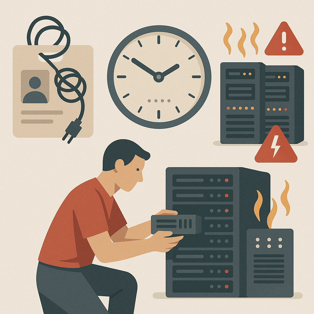 Infographic-style image showing limitations of traditional on-premises infrastructure including high operational costs, slow scalability with manual hardware setup, and risks of outages depicted by warning icons, with visual metaphors such as tangled wires and overheating servers in a professional muted palette accented with reds.