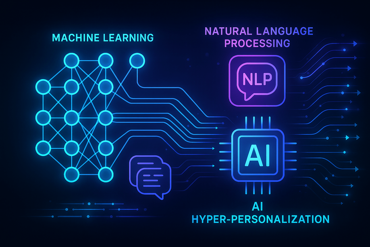 Abstract infographic showing machine learning networks, natural language processing icons, and data streams converging to enable AI hyper-personalization with glowing blue and purple futuristic design.