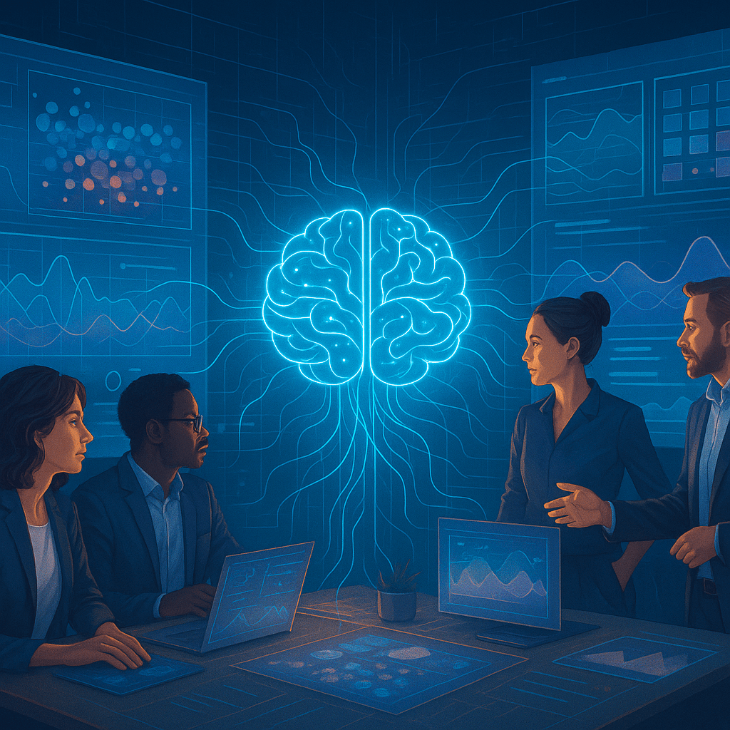 Futuristic marketing control room blending human creativity with AI personalization, featuring a holographic brain and dynamic data streams illustrating content revolution.
