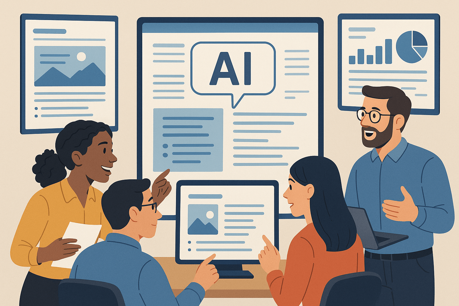 Diverse marketing team collaborating with AI tools on multiple digital screens displaying content drafts and analytics dashboards, symbolizing human-AI collaboration for authentic and ethical AI-generated marketing content.