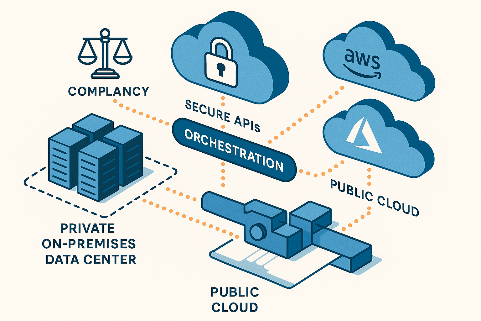 A sleek, modern, minimalist step-by-step visual roadmap illustrating the four-phase hybrid cloud migration process: assessment and workload analysis, planning and designing hybrid architecture, migration execution, and post-migration optimization using colorful segmented steps and relevant icons.