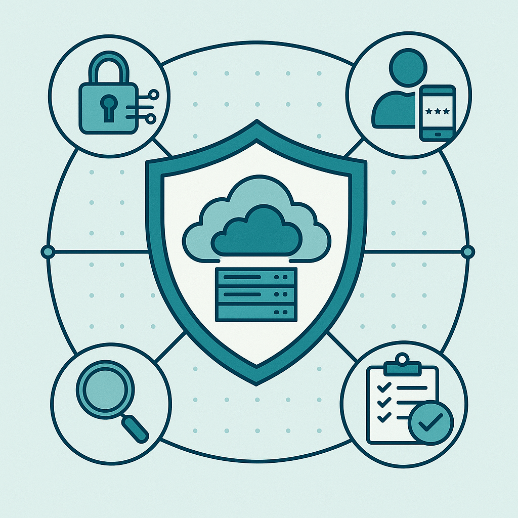 Professional illustration showing hybrid cloud security with a central shield protecting a hybrid cloud composed of on-prem servers and cloud symbols, surrounded by icons representing encryption, multi-factor authentication, compliance checklists, and continuous monitoring in a trusted blue-green color scheme.