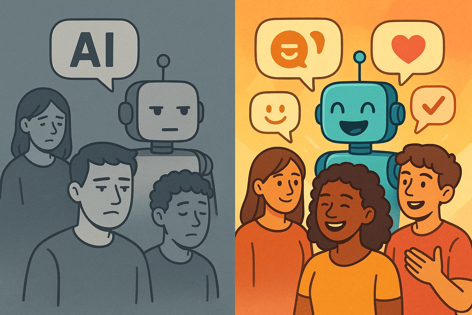 Digital illustration contrasting a dull, generic AI chatbot with lifeless users on one side versus a vibrant, engaging AI system warmly interacting with diverse users through personalized, emotive messages on the other.