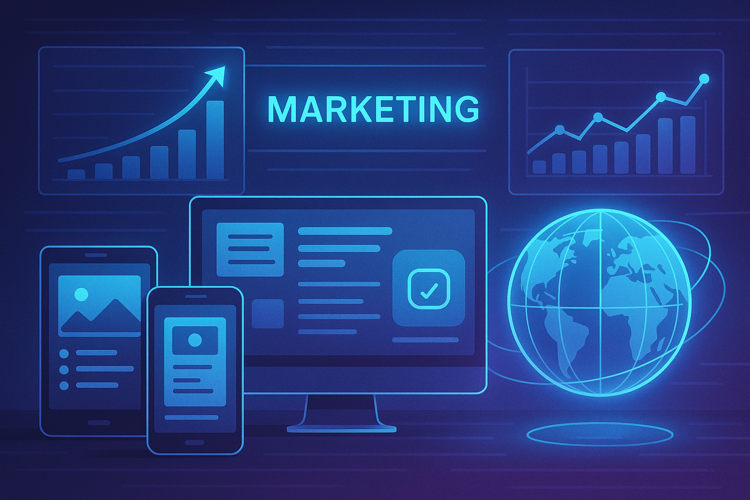 Futuristic marketing dashboard with upward graphs, personalized content touchpoints on multiple devices, and a glowing globe representing global AI personalization impact.