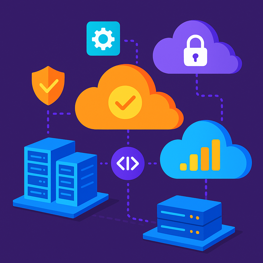 A stylized illustration of a hybrid cloud ecosystem showing interconnected private on-premises data centers, private clouds, and public cloud providers like AWS and Azure linked by secure APIs and orchestration layers, highlighting scalability, security, and compliance in a modern flat isometric design.