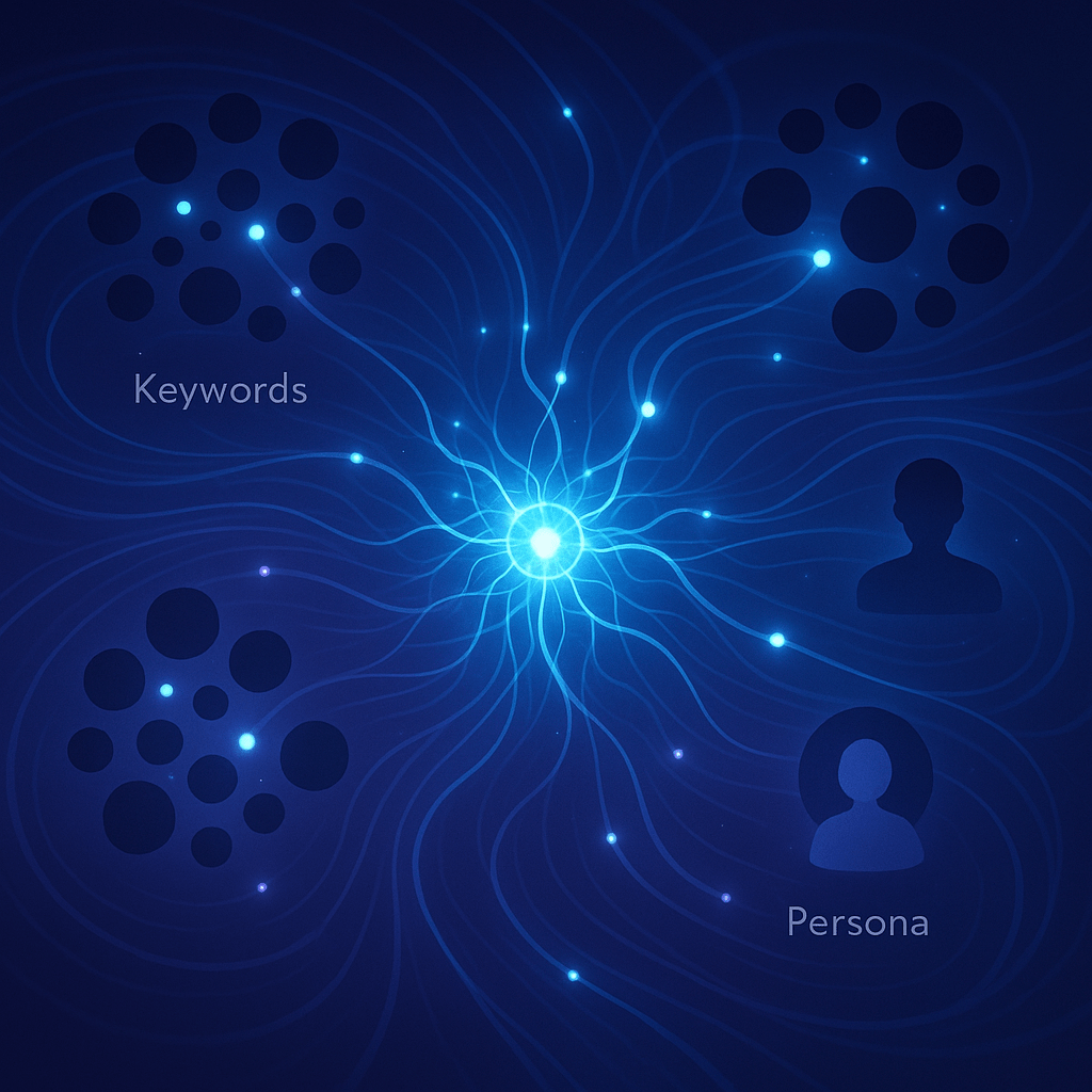 Abstract digital illustration of a glowing neural network connecting clusters of keywords and buyer personas with rays indicating multi-intent and semantic connections in cool blue and purple hues symbolizing AI intelligence and complexity.