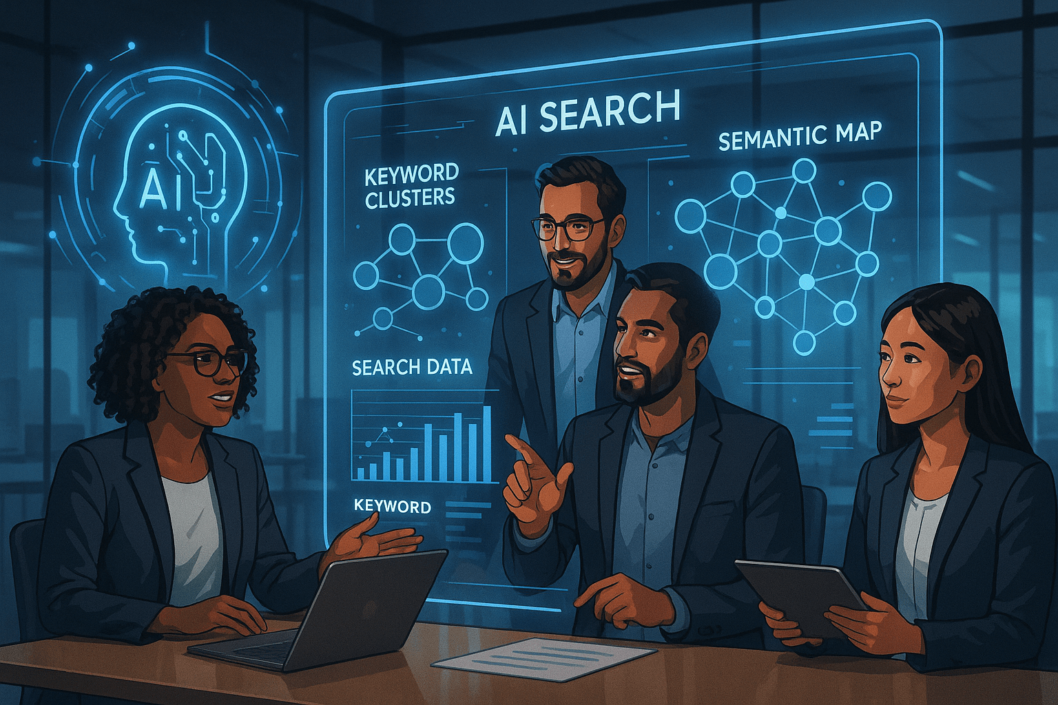 A futuristic office scene showing a diverse team of B2B marketers collaborating around a large transparent digital screen filled with AI search data, keyword clusters, and semantic maps, in a modern tech environment with holographic AI elements symbolizing advanced AI-driven search technology.