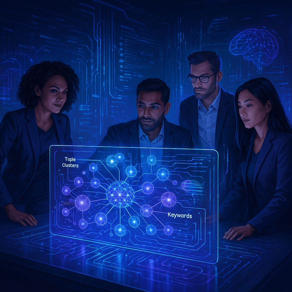 Futuristic B2B marketing team collaborating on AI-driven search strategy around a glowing digital interface with neural keyword networks and generative AI visuals.
