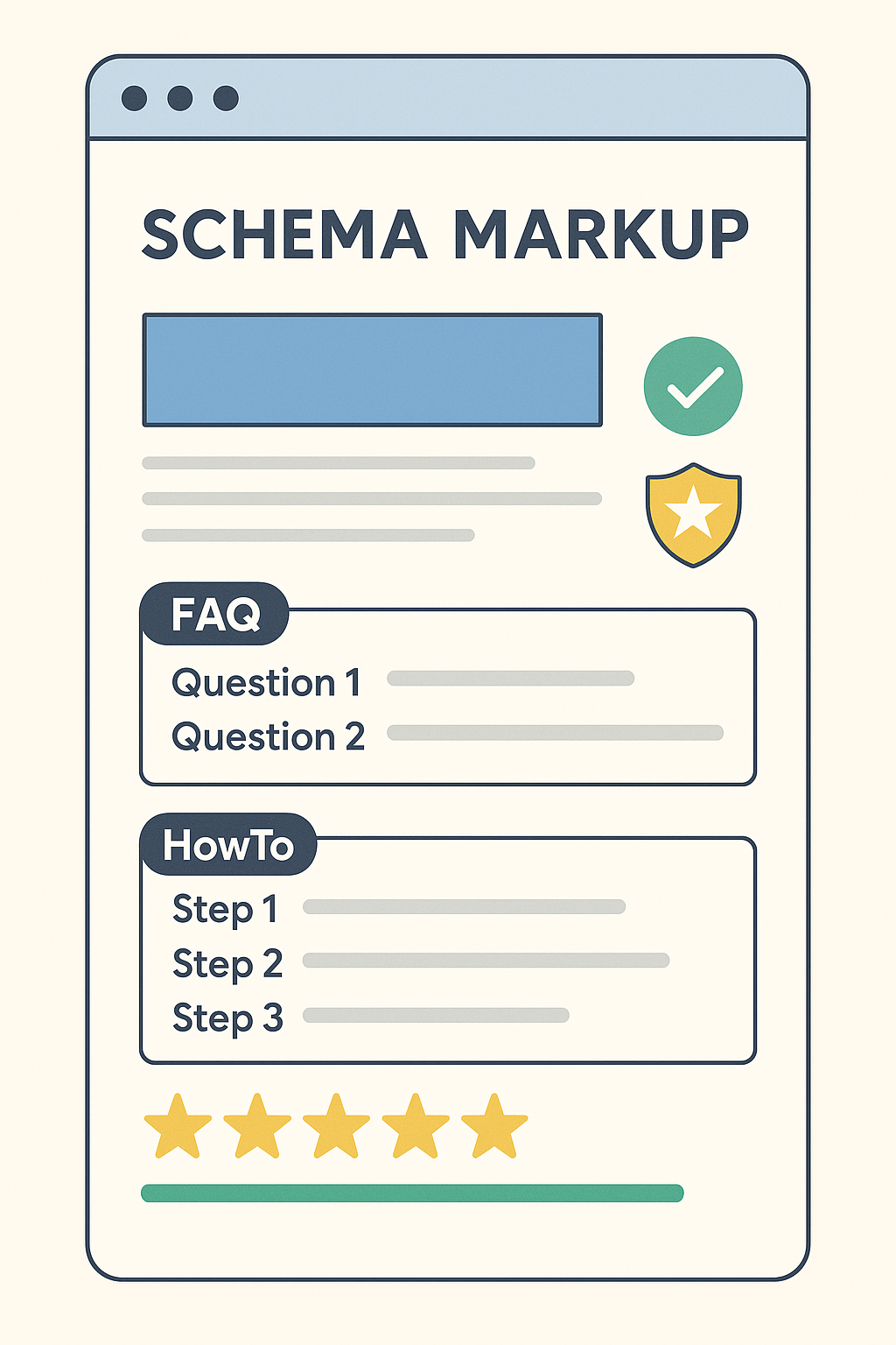 Flat design infographic showing a clean, modern website page with schema markup, structured data elements like FAQs and HowTo steps, and rich snippets highlighting trust and authority signals for SEO.