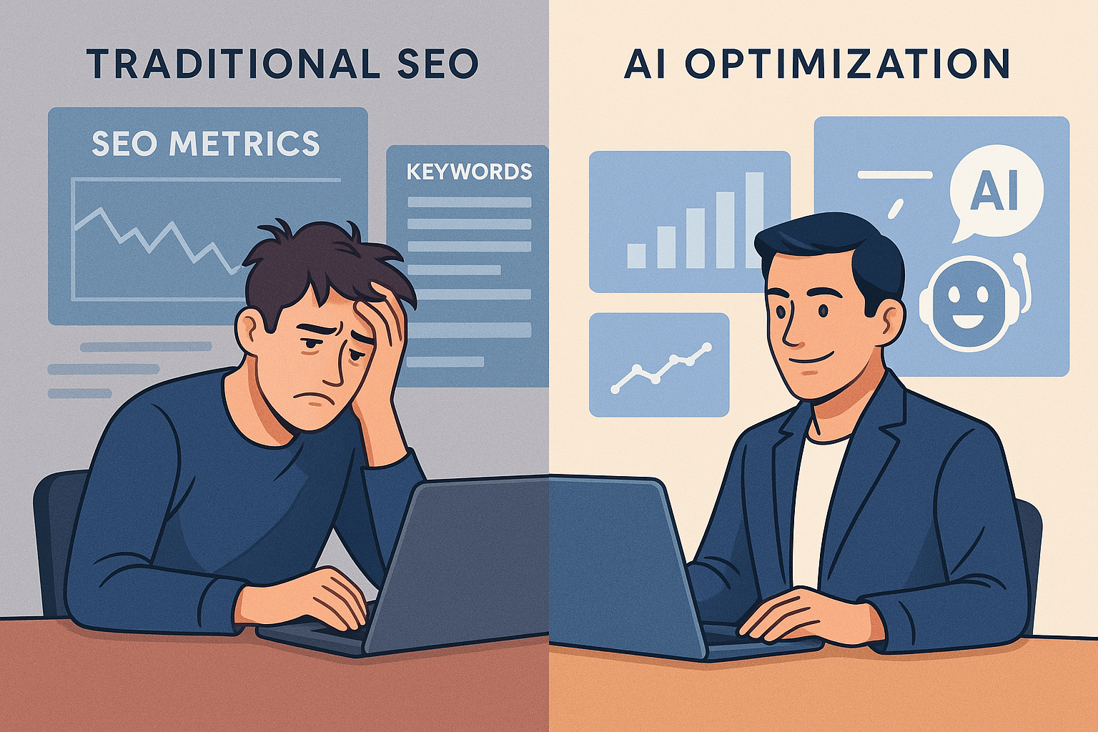 Conceptual split-screen image showing a stressed marketer overwhelmed by traditional SEO metrics and keyword lists on one side, and a confident marketer using AI-powered SEO tools with charts and AI assistant icons on the other, depicting transition from traditional SEO to AI optimization.