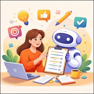 Illustration of a marketer using AI to generate copy.