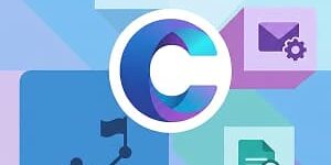 Image depicting a calendar icon, mail icon, search icon, and graph depiction surrounding a C that's symbolic of a Copilot Cowork agent.