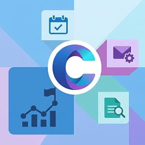 Image depicting a calendar icon, mail icon, search icon, and graph depiction surrounding a C that's symbolic of a Copilot Cowork agent.