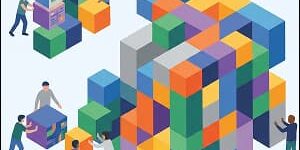 Illustration of a team putting the pieces of a tech puzzle together.