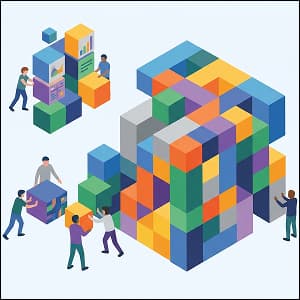 Illustration of a team putting the pieces of a tech puzzle together.