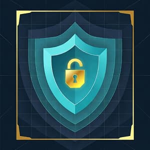 Illustration of a shield with a lock in front of it, indicative of data protection.