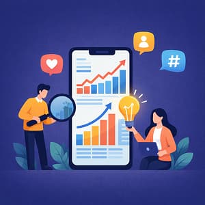 Illustration of a marketer using AI for social listening.