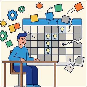 Illustration of a frustrated marketer building a fractured content calendar.