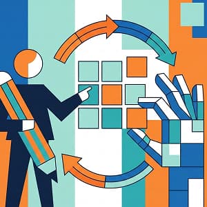 Color-block style image showing a symbolic representation of an ad designer working with an AI agent to improve different components of an advertisement.