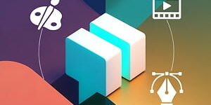 Illustration showing a glowing chat bubble at the center connected to creative design tools including a paintbrush, image frame, video timeline, and pen tool, representing Adobe Firefly AI Assistant's unified creative workflow.