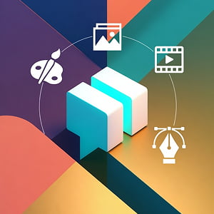 Illustration showing a glowing chat bubble at the center connected to creative design tools including a paintbrush, image frame, video timeline, and pen tool, representing Adobe Firefly AI Assistant's unified creative workflow.