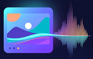 Illustration featuring a rounded square app icon on the left with a stylized landscape — purple and teal mountains, a glowing orange sun, a white circle, and a flowing blue wave — connected to a colorful, gradient audio waveform extending to the right against a dark background.
