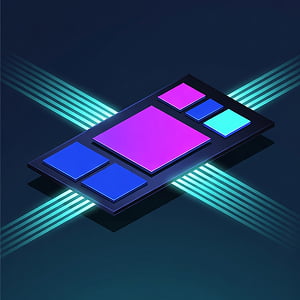 Illustration of a wide horizontal AI accelerator chip package with multiple integrated dies connected by glowing high-speed data flow lines, representing system-level 3DIC integration and efficient memory-compute coordination for future AI hardware.