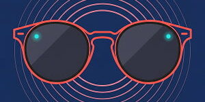 Illustration of stylish smart glasses on a deep navy background, with small glowing dots near the lenses suggesting AI sensors and faint concentric circles radiating outward to imply wireless connectivity.
