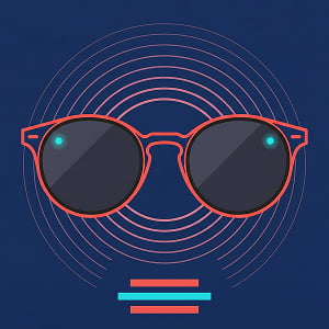 Illustration of stylish smart glasses on a deep navy background, with small glowing dots near the lenses suggesting AI sensors and faint concentric circles radiating outward to imply wireless connectivity.